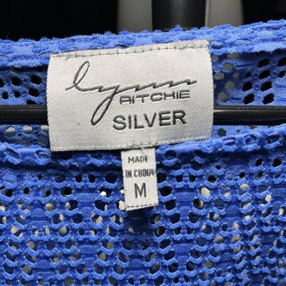 LYNN RITCHIE Silver size M Royal Blue Stretch Sheer Mesh Net Hi-Lo Top - Picture 4 of 4